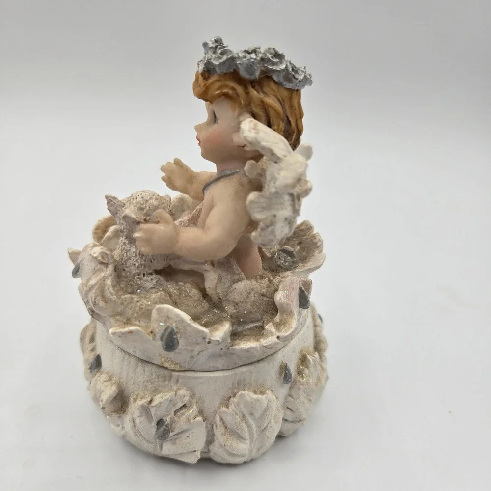 Angel Cherub Trinket Box Small Cream Whimsical Glitter Resin Leaf Decor